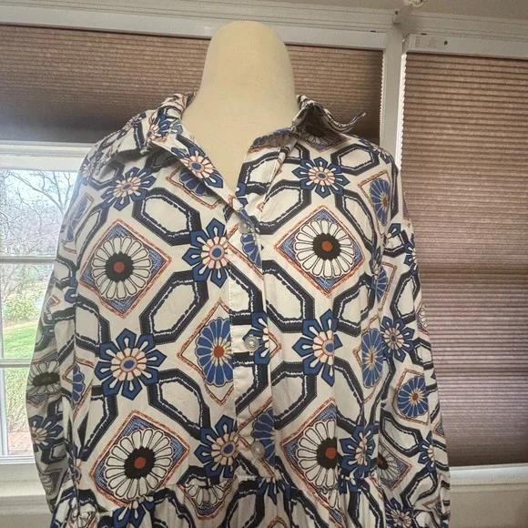 Anthropologie Geometric Blue and White Long Sleeve Dress - Picture 5 of 8